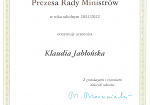 Dyplom stypendium Klaudii Jabłońskiej